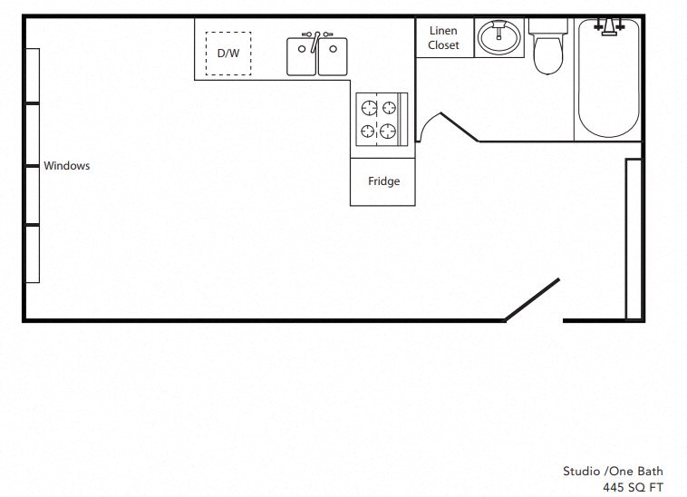 Floor plan for studio, 1 bath, 445 sqft